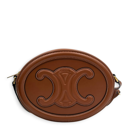 Round CC Crossbody Bag Tan in Calfskin, Gold hardware