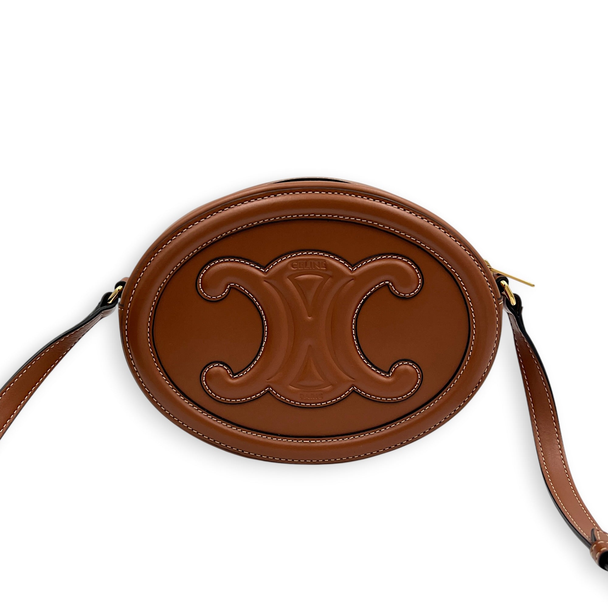 Round CC Crossbody Bag Tan in Calfskin, Gold hardware