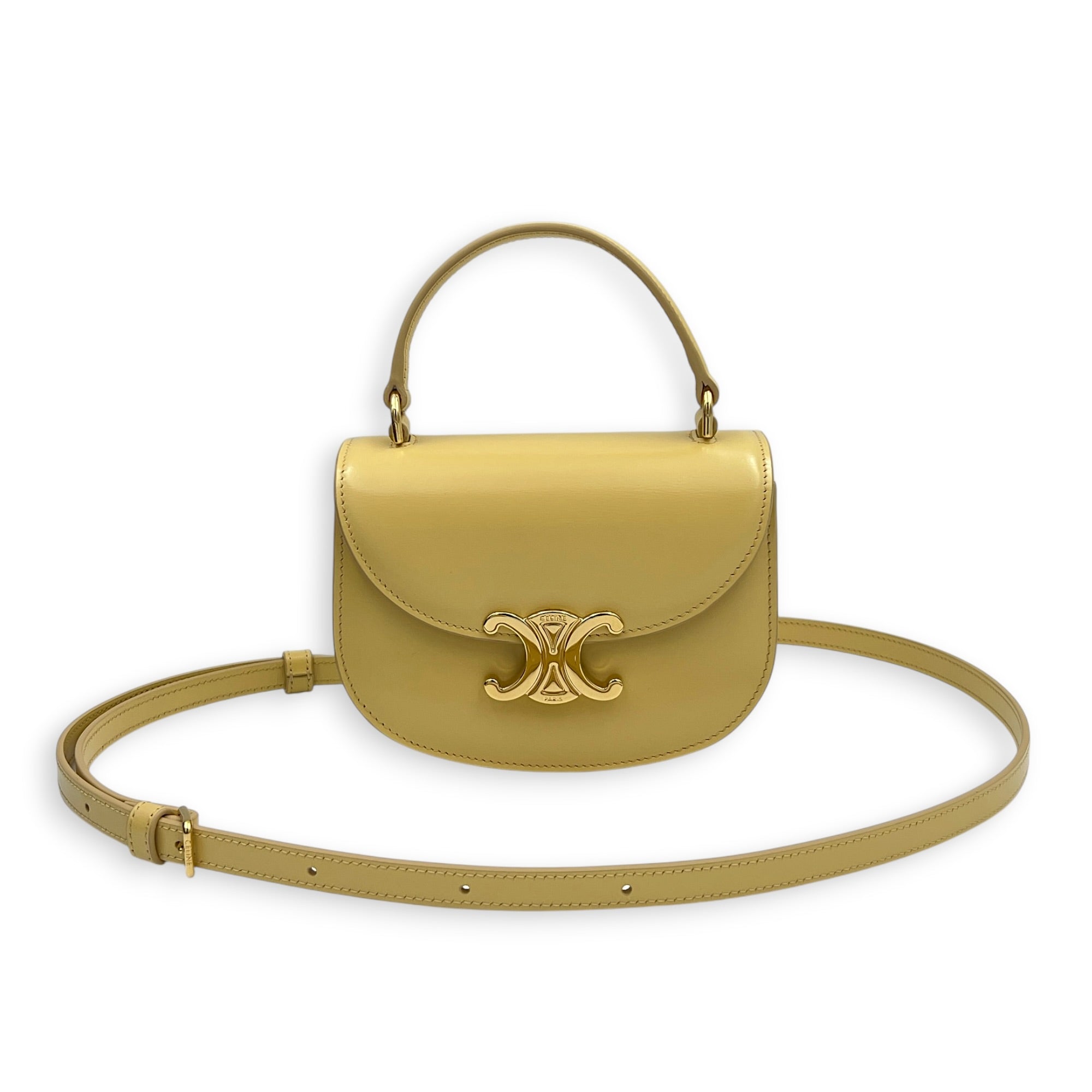 Triomphe Top Handle Bag Yellow in Calfskin, Gold hardware