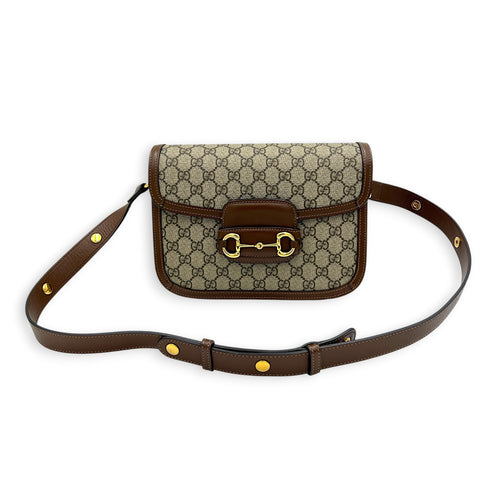 Horsebit 1955 Shoulder Bag Brown in Coated Canvas, Gold hardware