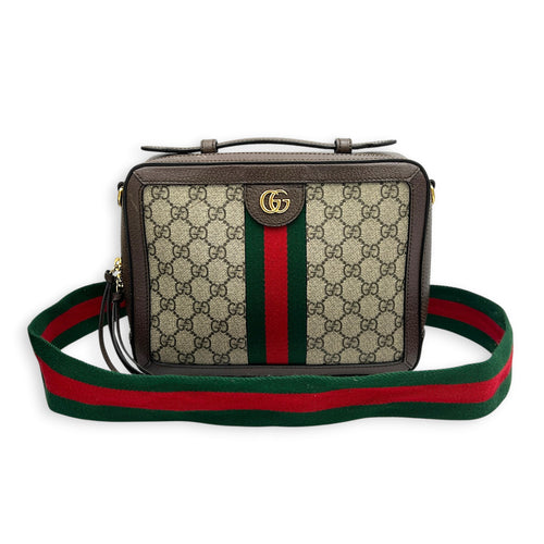 Ophidia Top Handle Bag Brown in Coated Canvas, Gold hardware