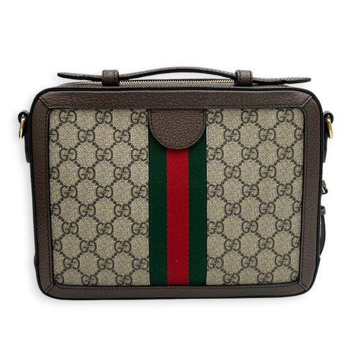 Ophidia Top Handle Bag Brown in Coated Canvas, Gold hardware