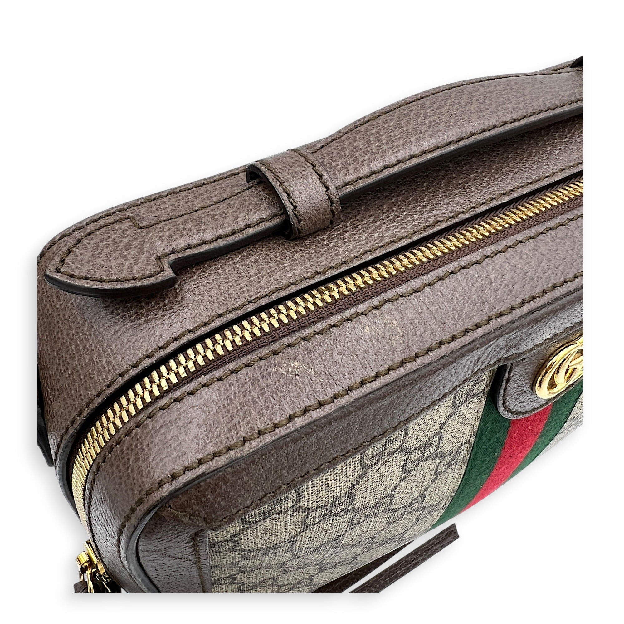 Ophidia Top Handle Bag Brown in Coated Canvas, Gold hardware
