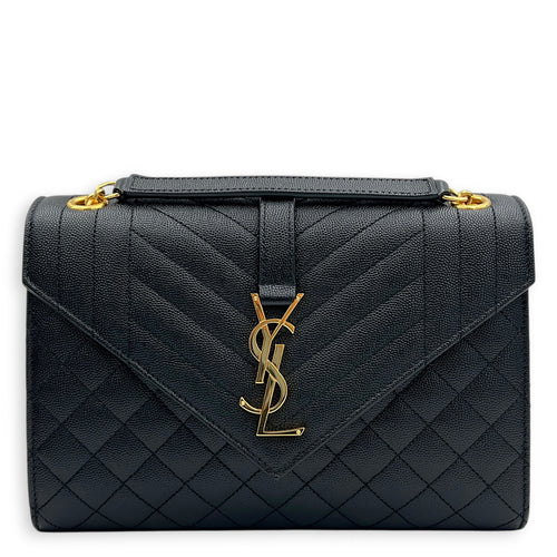 Envelope Shoulder Bag Medium Black in Caviar Leather, Gold hardware