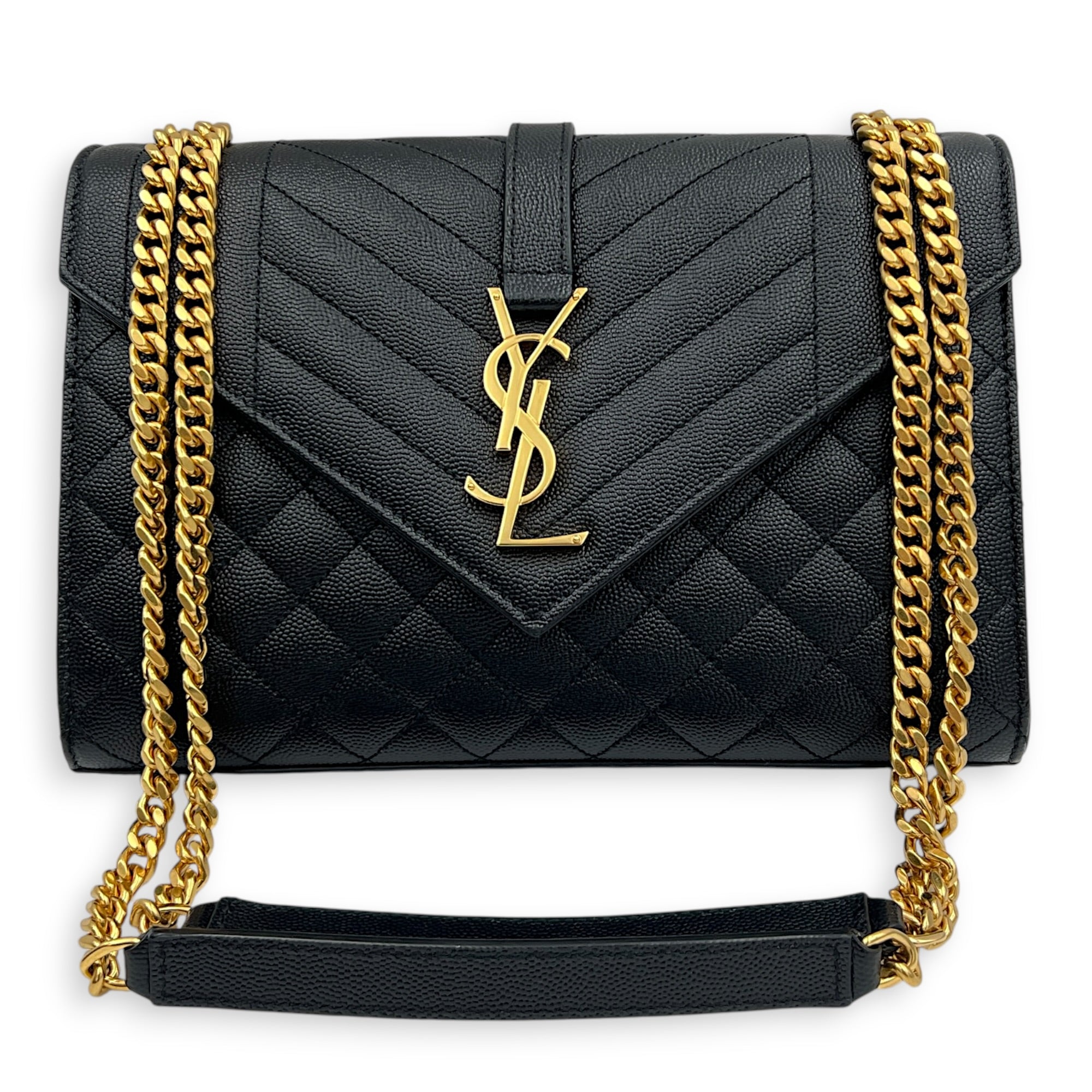 Envelope Shoulder Bag Medium Black in Caviar Leather, Gold hardware