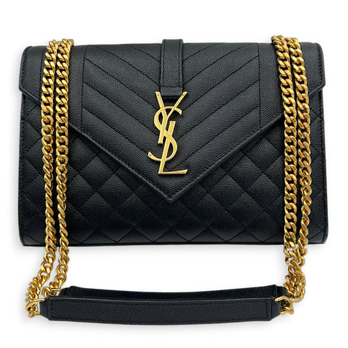 Envelope Shoulder Bag Medium Black in Caviar Leather, Gold hardware