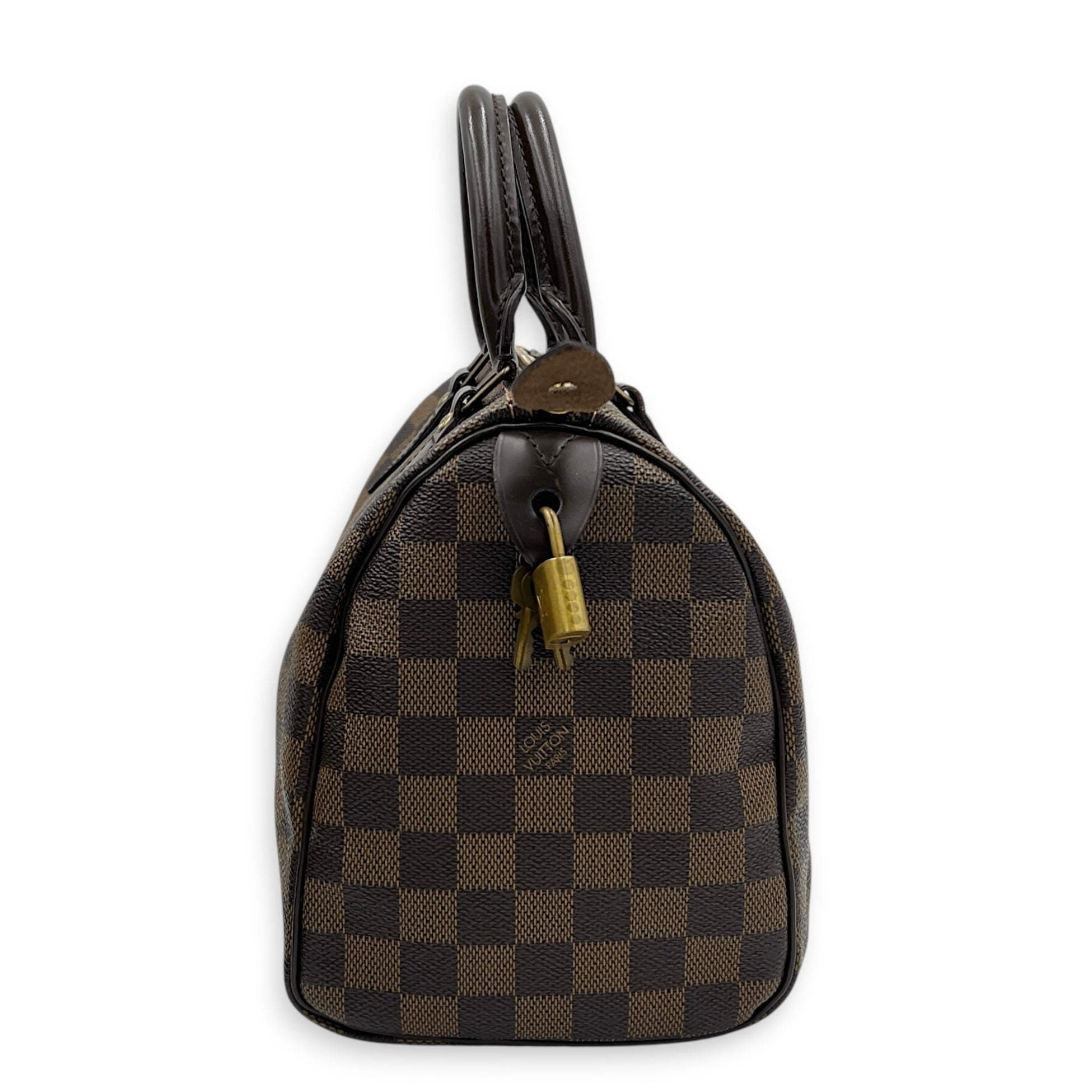 Speedy Top Handle Bag 25 Damier Ebene in Coated Canvas, Gold hardware