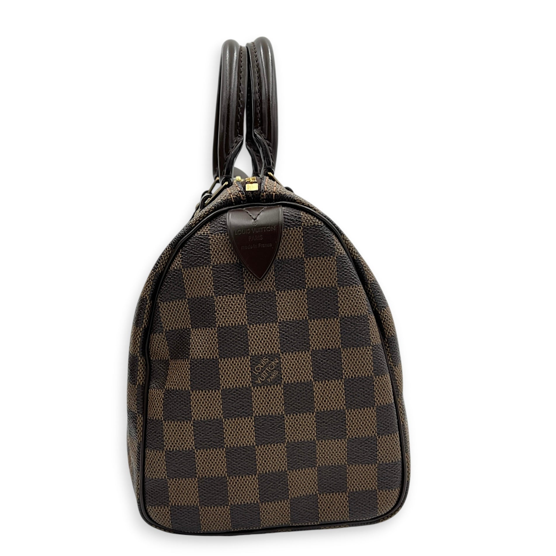 Speedy Top Handle Bag 25 Damier Ebene in Coated Canvas, Gold hardware