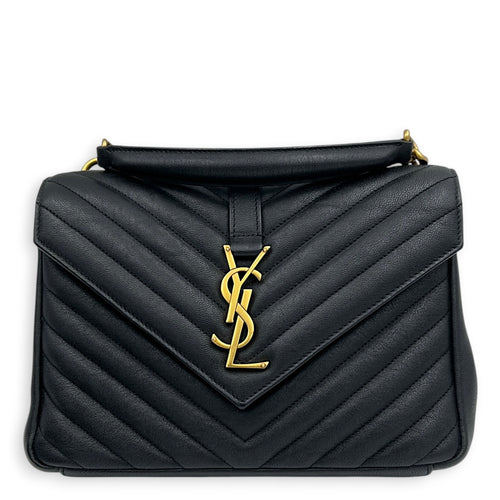 College Shoulder Bag Medium Black in Goat Leather, Gold hardware