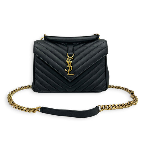 College Shoulder Bag Medium Black in Goat Leather, Gold hardware