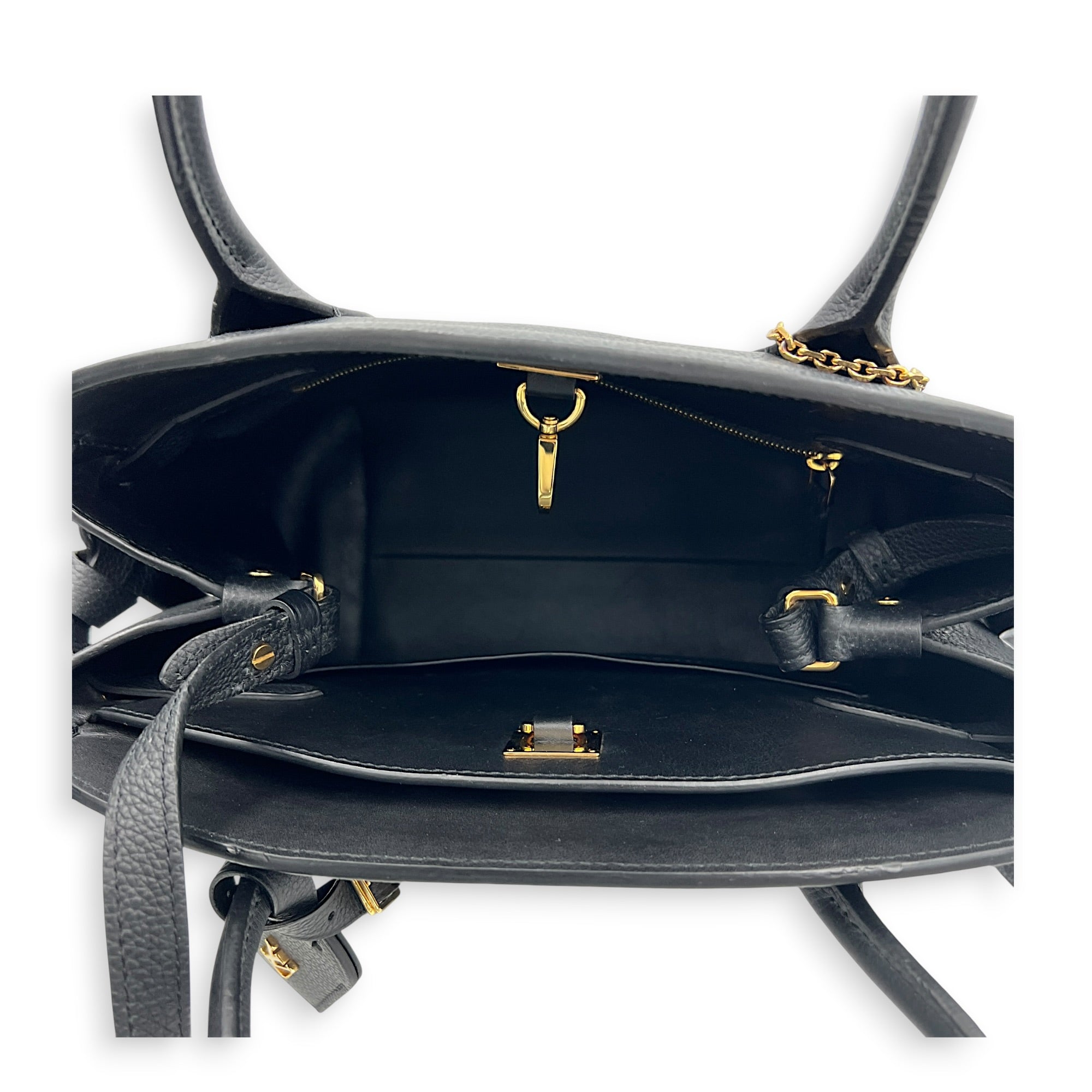 Milla Black Top Handle Bag in Taurillon Leather, Gold hardware
