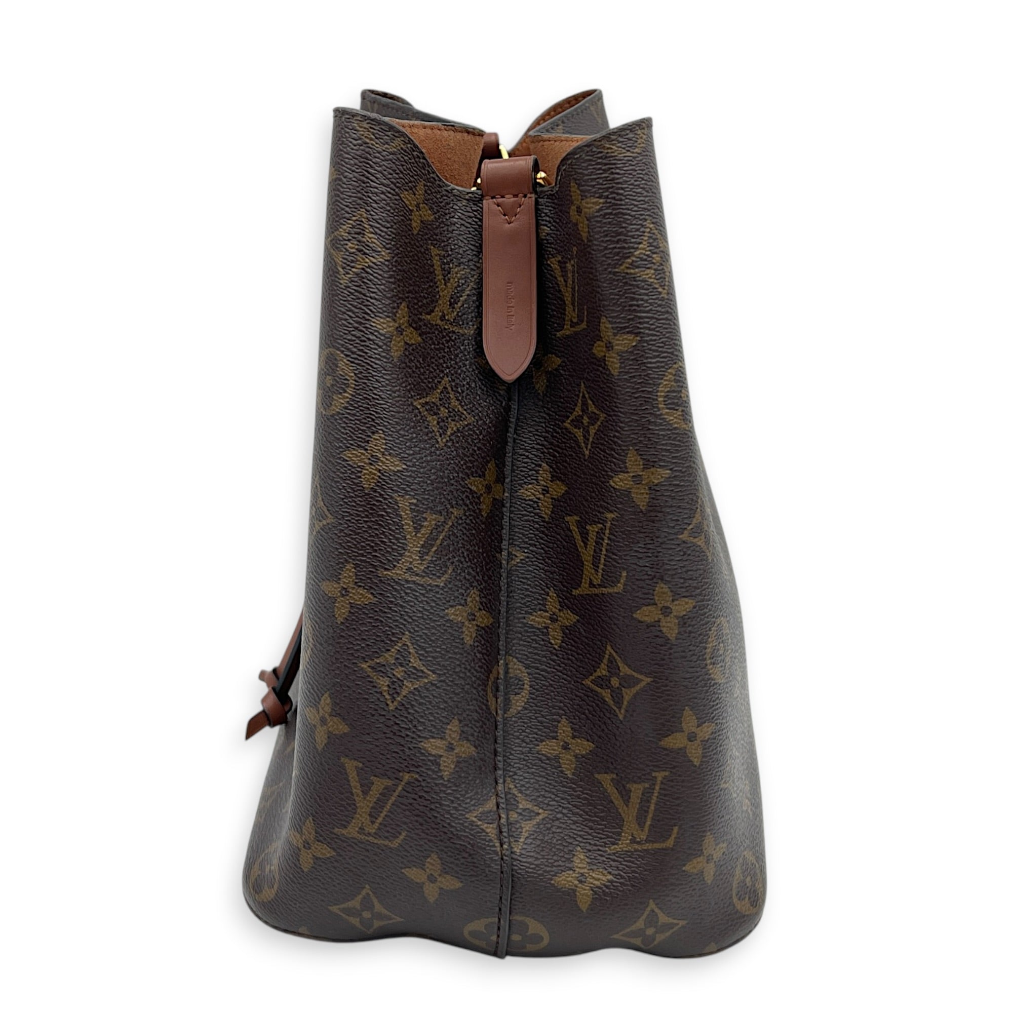 NeoNoe MM Brown Bucket Bag in Monogram Coated Canvas, Gold hardware