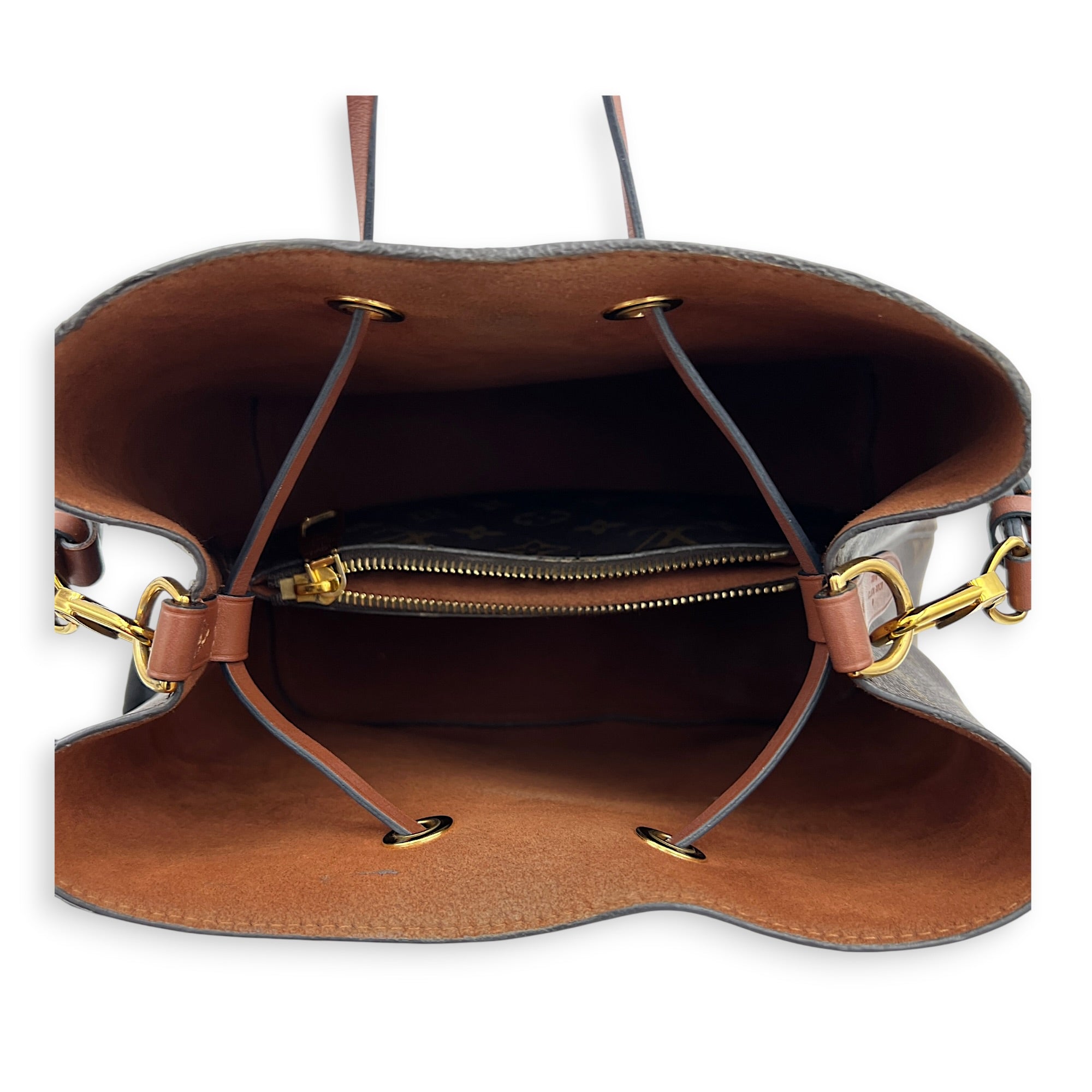NeoNoe MM Brown Bucket Bag in Monogram Coated Canvas, Gold hardware