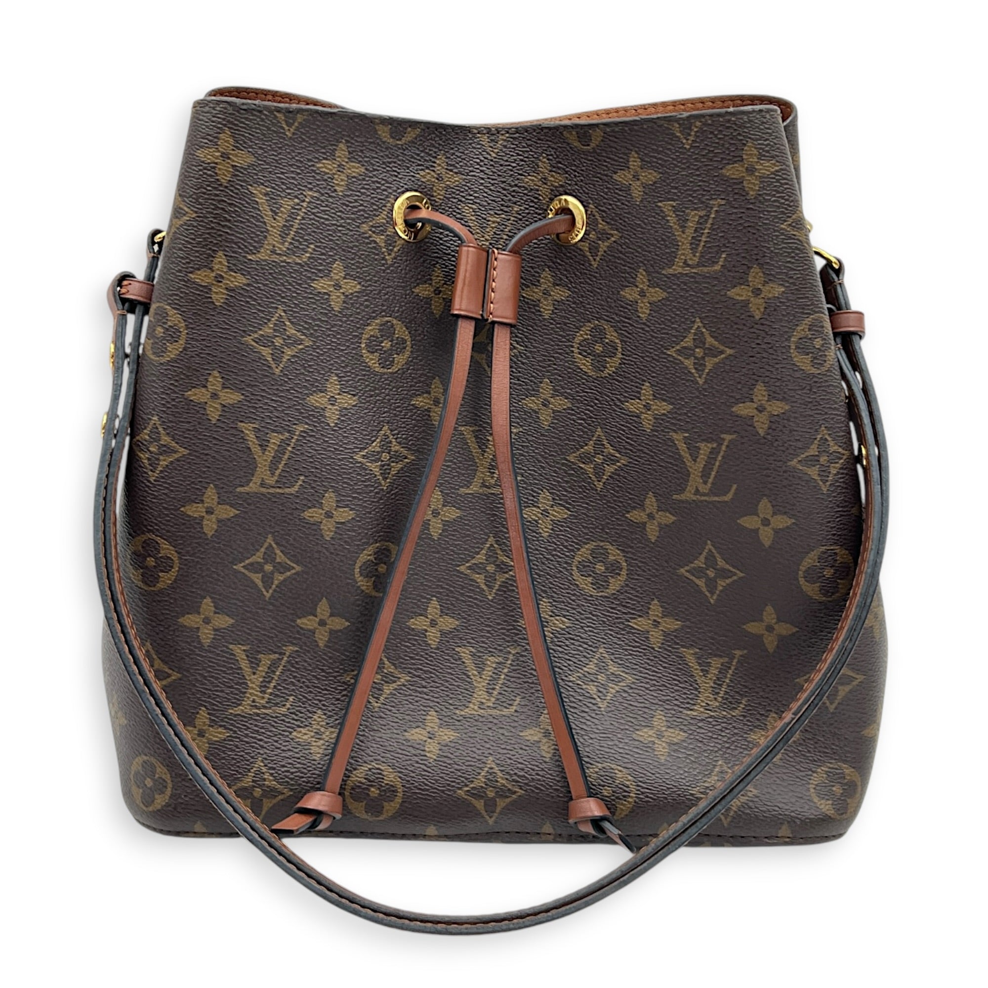 NeoNoe MM Brown Bucket Bag in Monogram Coated Canvas, Gold hardware