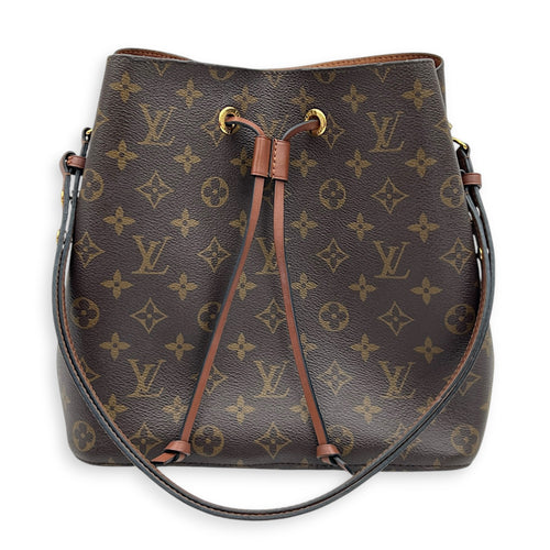 NeoNoe MM Brown Bucket Bag in Monogram Coated Canvas, Gold hardware