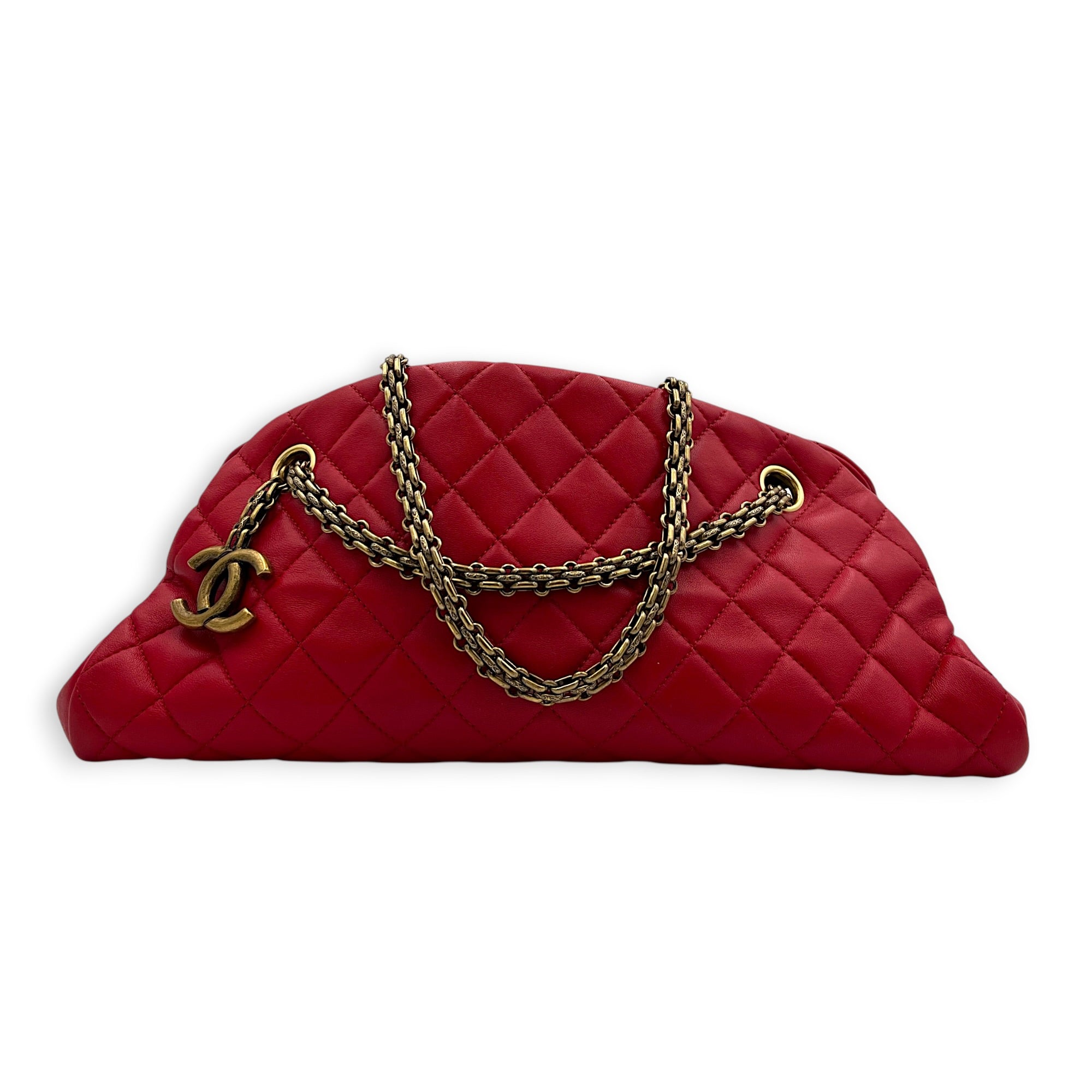 Mademoiselle Bowler Shoulder Bag Red in Lambskin, Antique Brass hardware