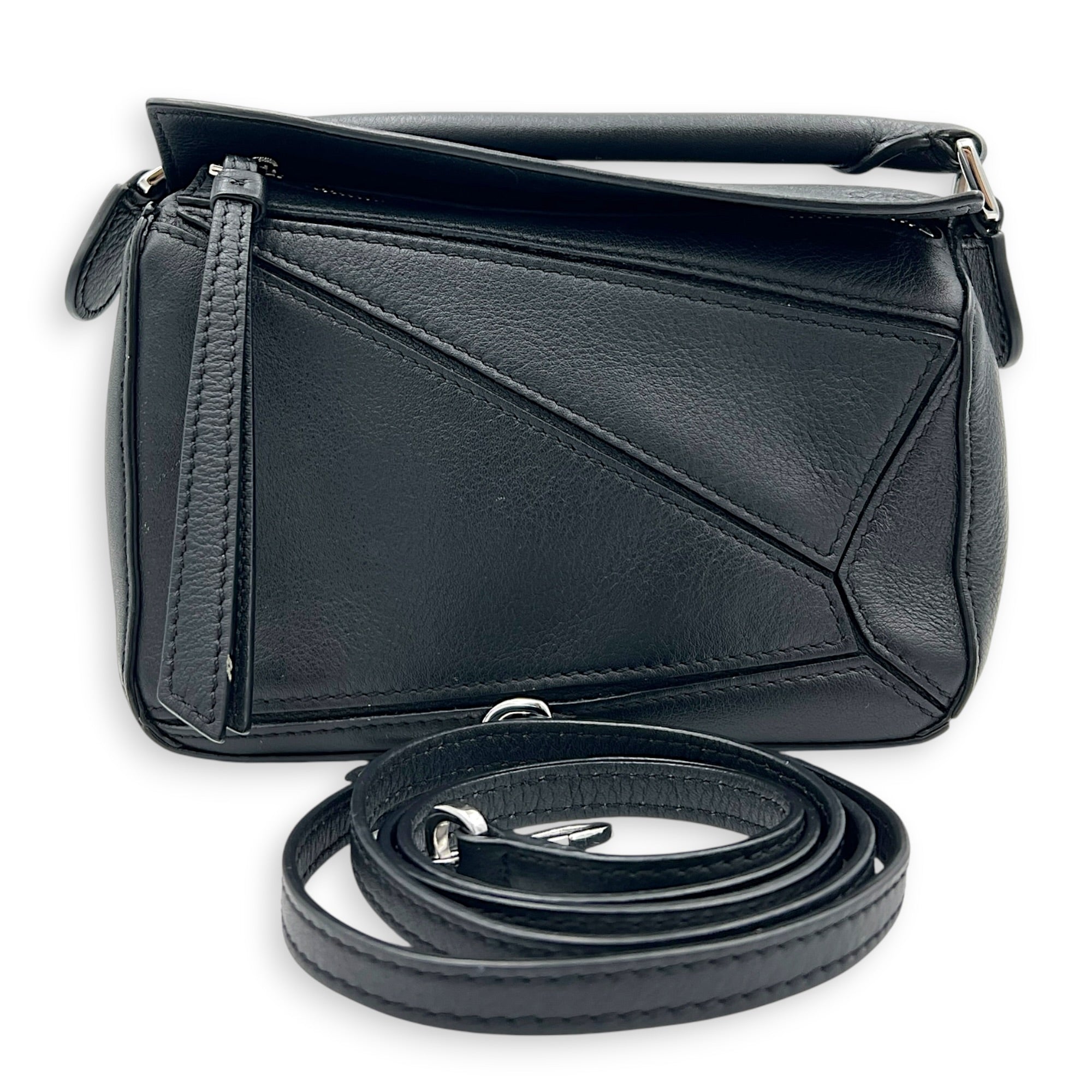 Puzzle Crossbody Bag Mini Black in Calfskin, Silver hardware