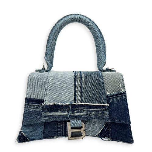Hourglass Top Handle Bag Blue in Denim, Silver hardware