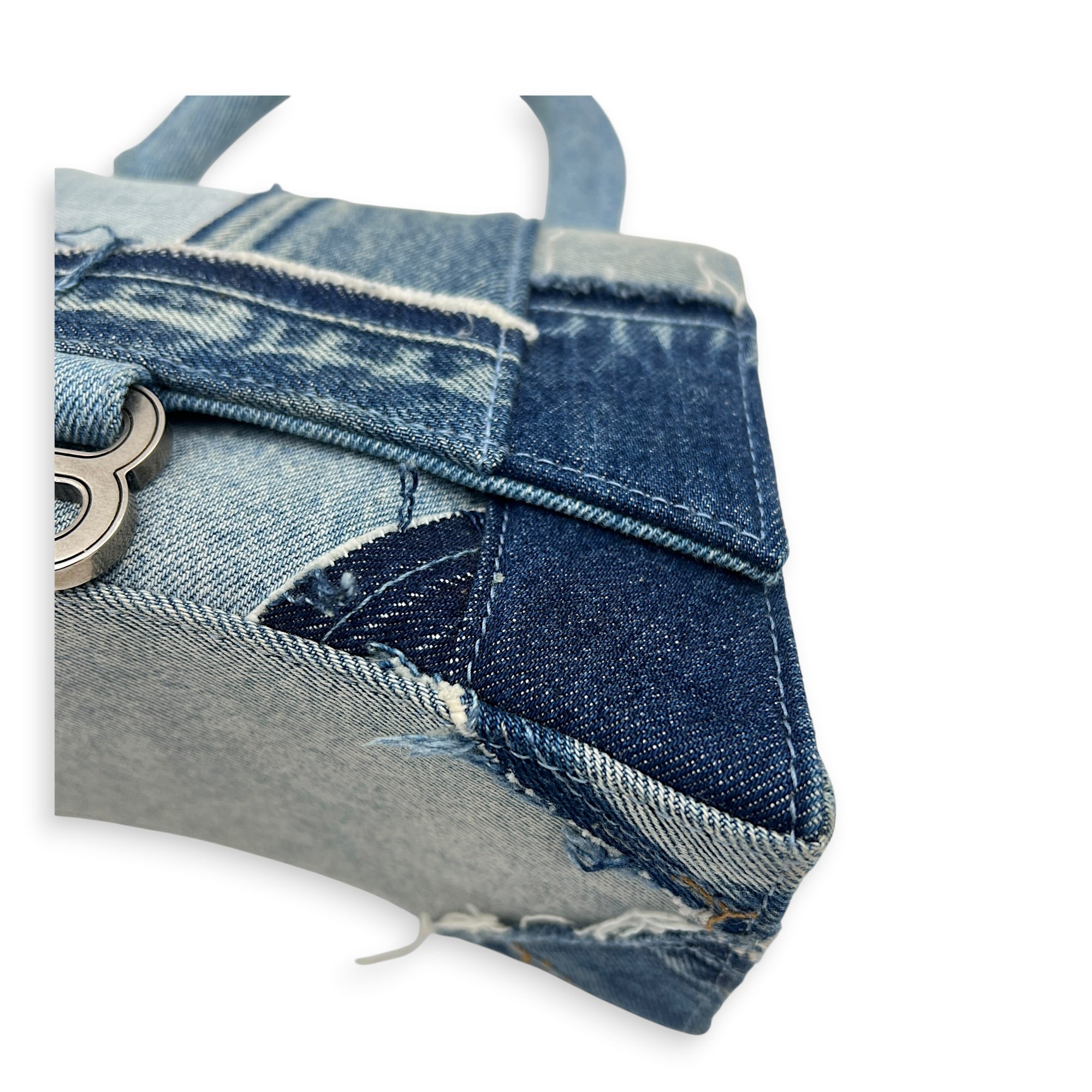Hourglass Top Handle Bag Blue in Denim, Silver hardware
