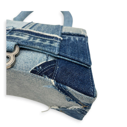 Hourglass Top Handle Bag Blue in Denim, Silver hardware