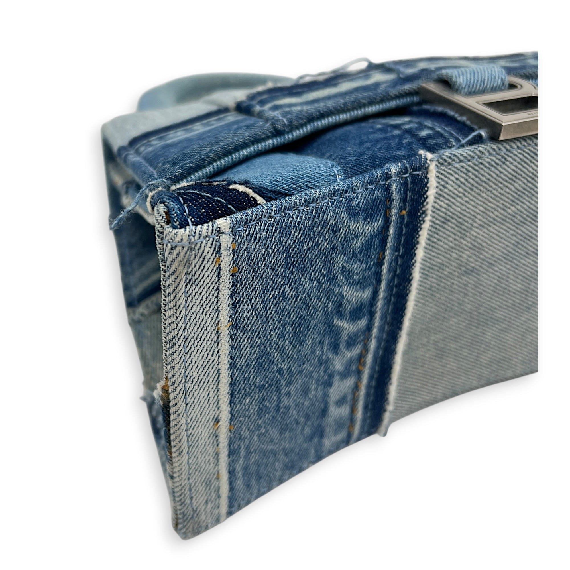 Hourglass Top Handle Bag Blue in Denim, Silver hardware