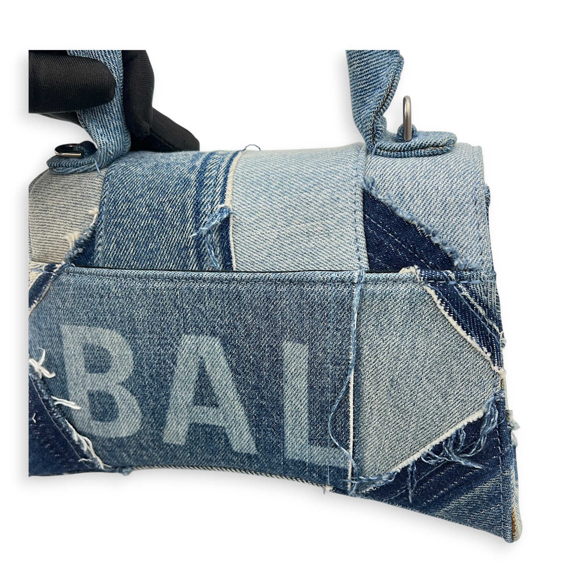 Hourglass Top Handle Bag Blue in Denim, Silver hardware