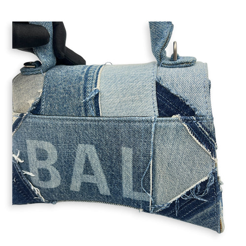 Hourglass Top Handle Bag Blue in Denim, Silver hardware