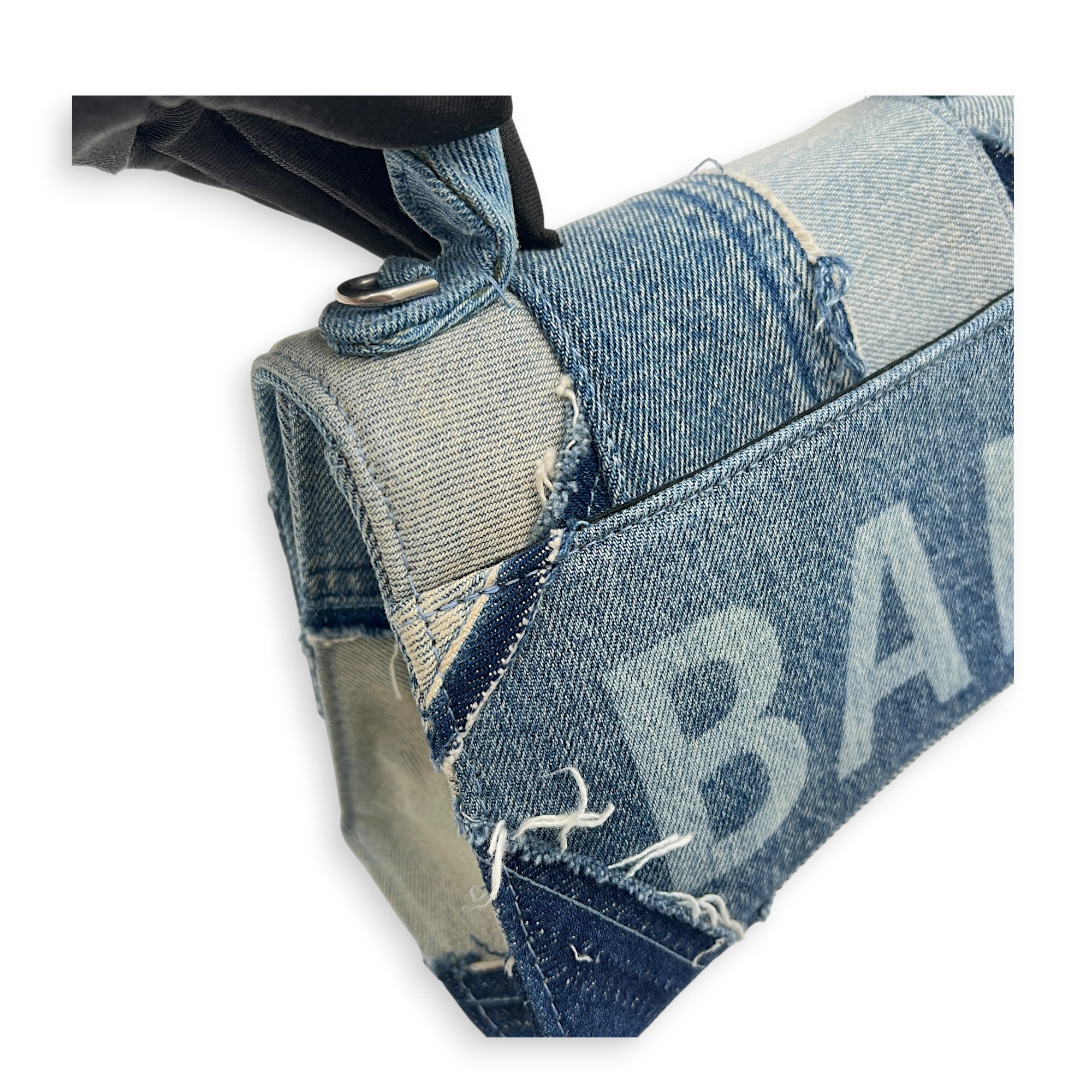 Hourglass Top Handle Bag Blue in Denim, Silver hardware