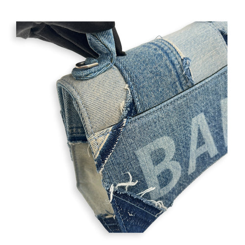 Hourglass Top Handle Bag Blue in Denim, Silver hardware
