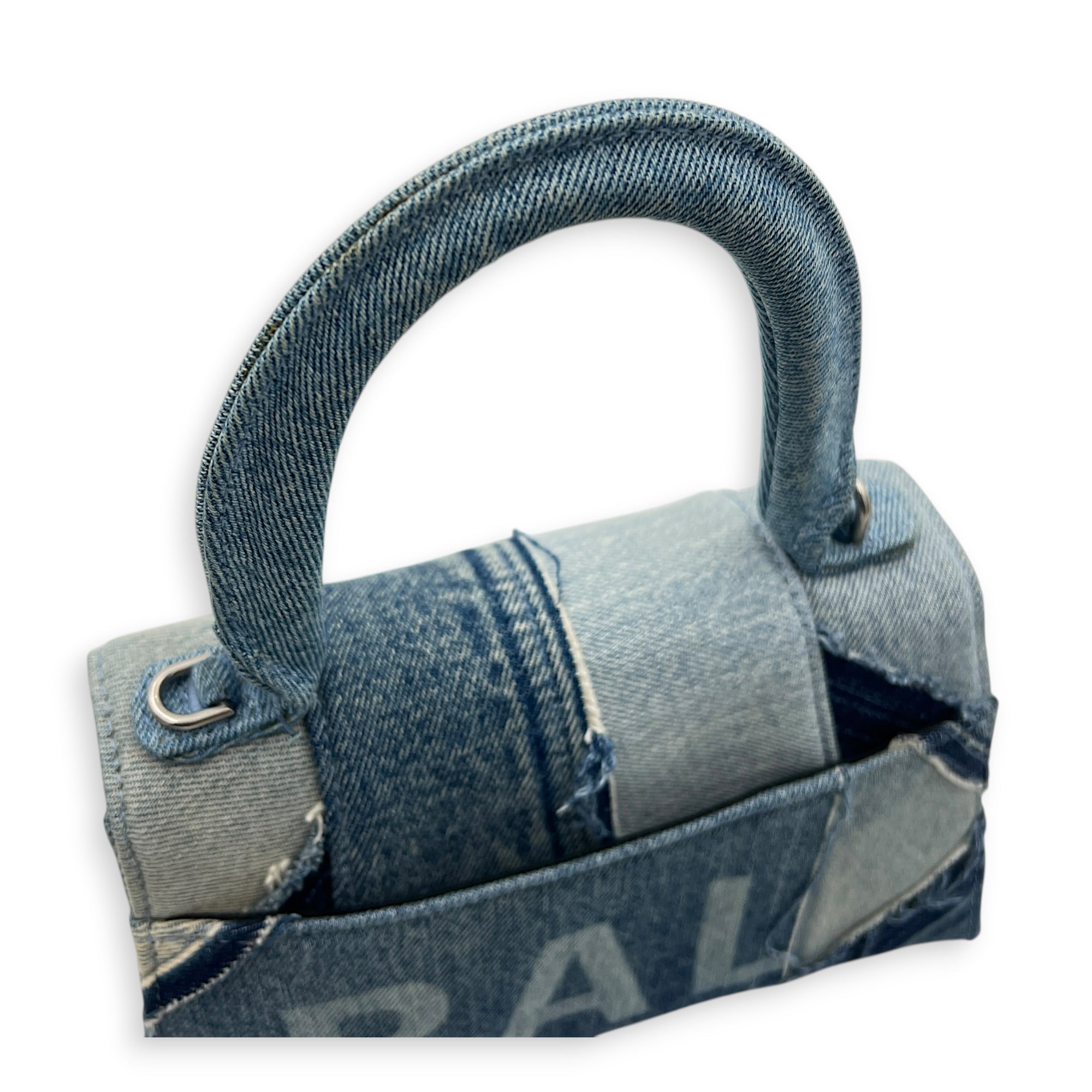 Hourglass Top Handle Bag Blue in Denim, Silver hardware