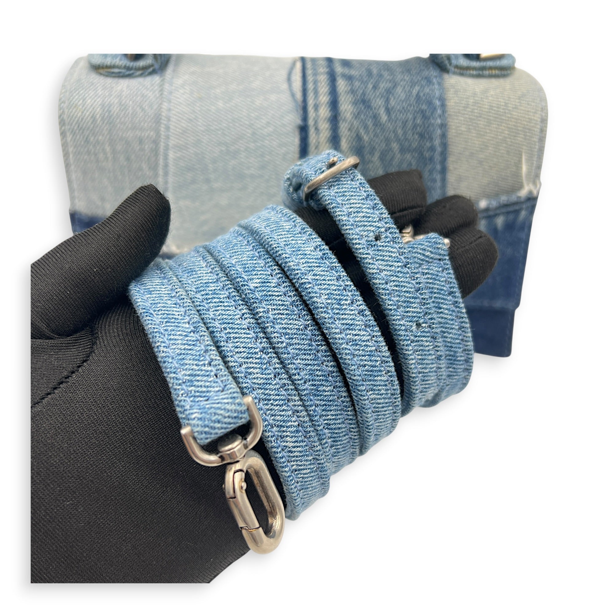 Hourglass Top Handle Bag Blue in Denim, Silver hardware