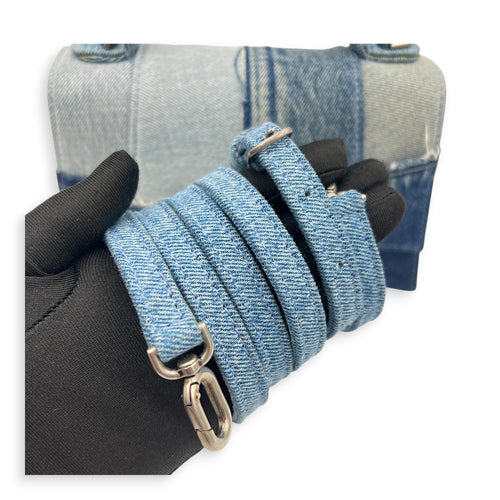 Hourglass Top Handle Bag Blue in Denim, Silver hardware