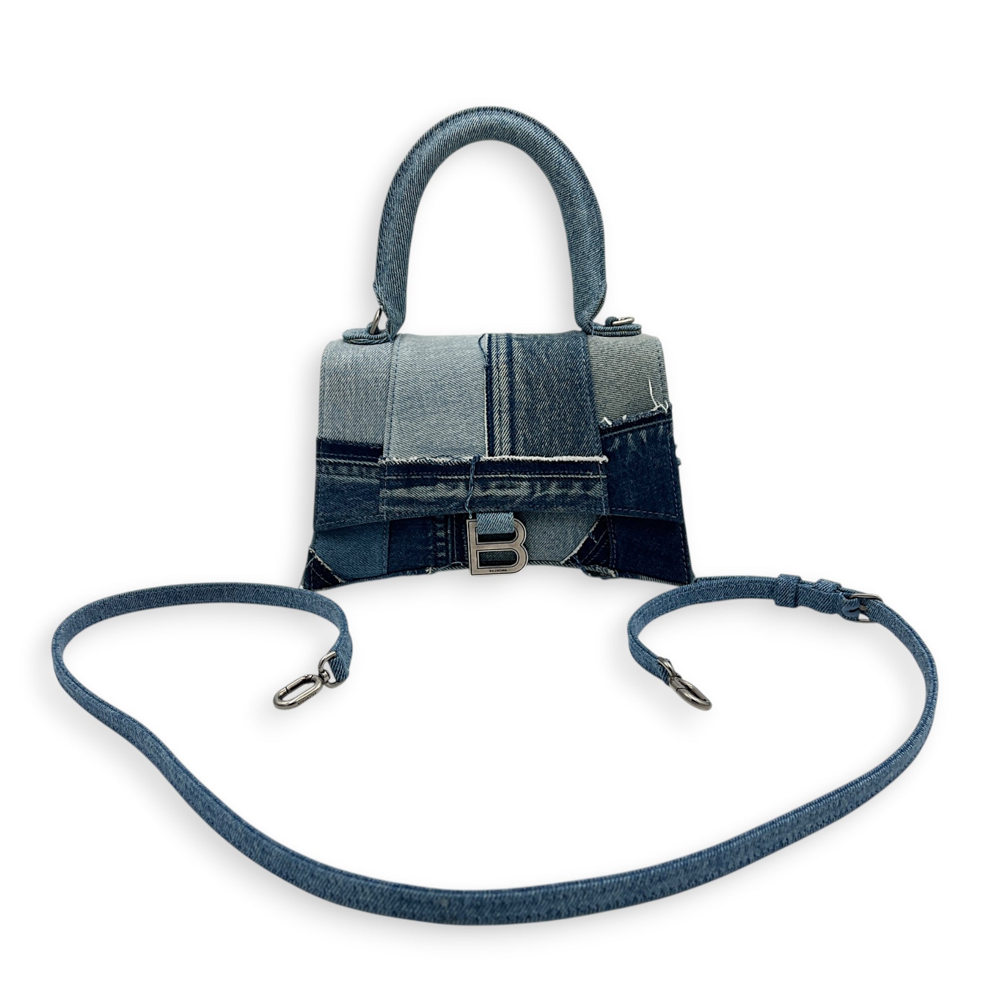 Hourglass Top Handle Bag Blue in Denim, Silver hardware