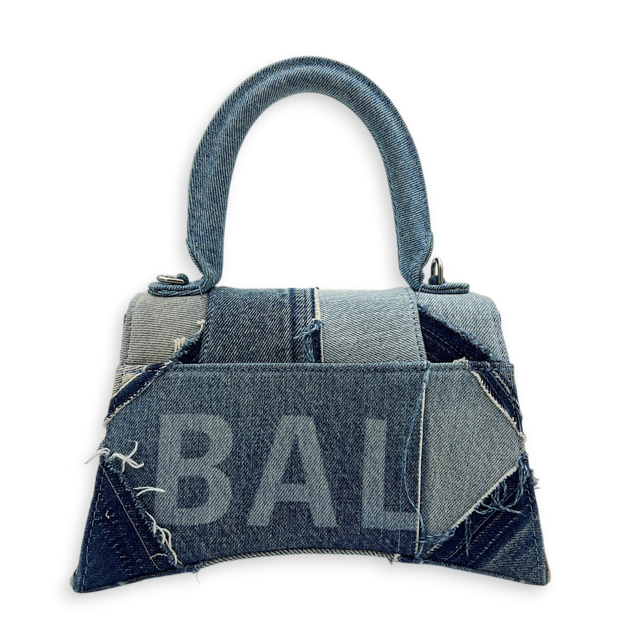 Hourglass Top Handle Bag Blue in Denim, Silver hardware