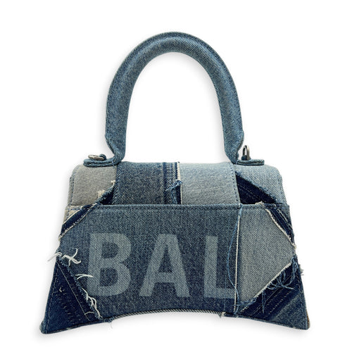 Hourglass Top Handle Bag Blue in Denim, Silver hardware
