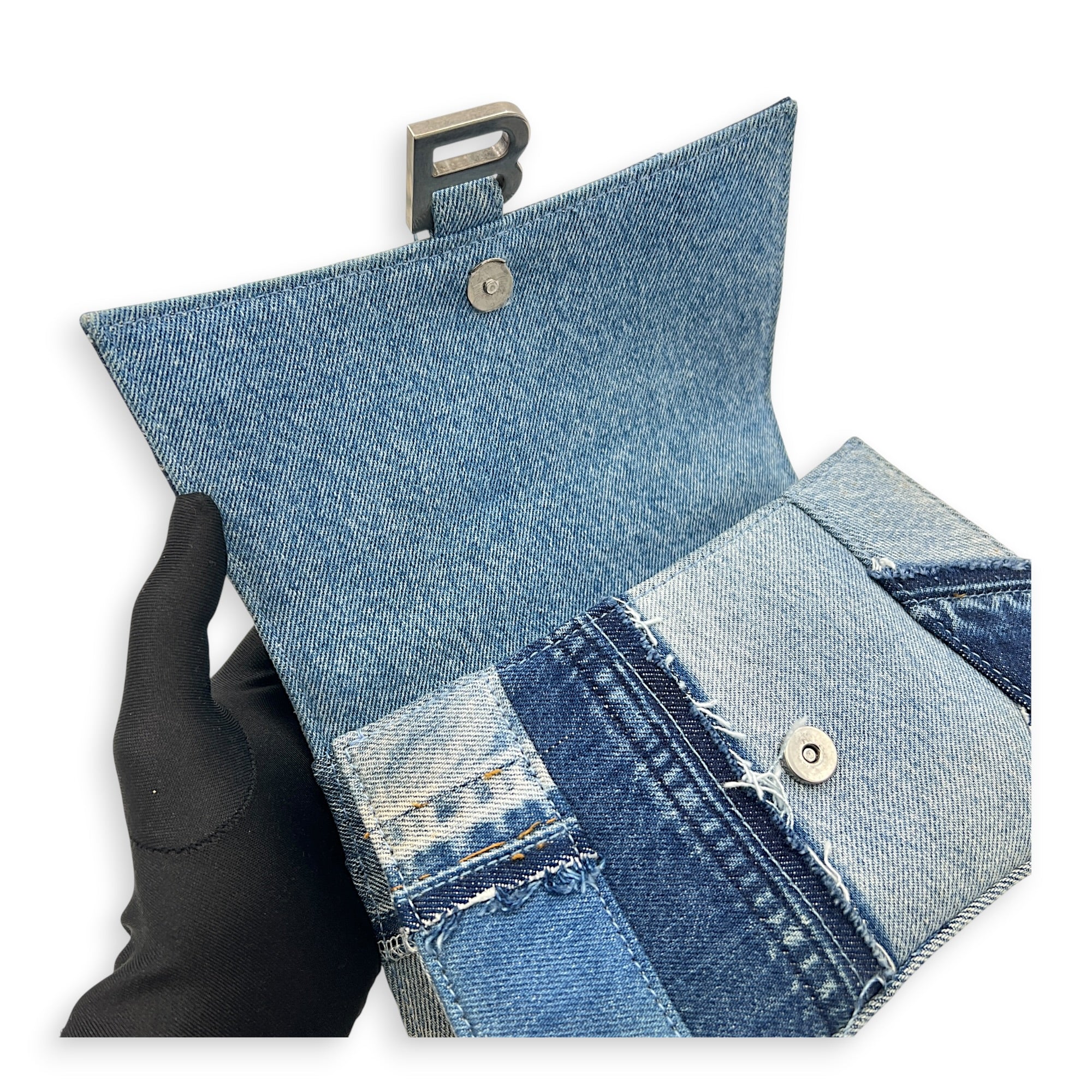 Hourglass Top Handle Bag Blue in Denim, Silver hardware