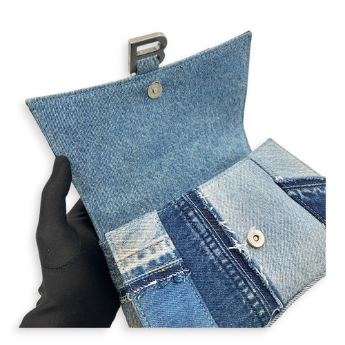 Hourglass Top Handle Bag Blue in Denim, Silver hardware