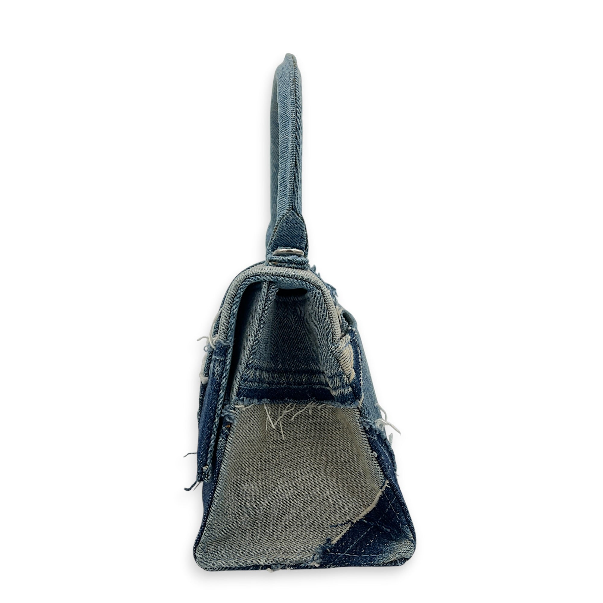 Hourglass Top Handle Bag Blue in Denim, Silver hardware