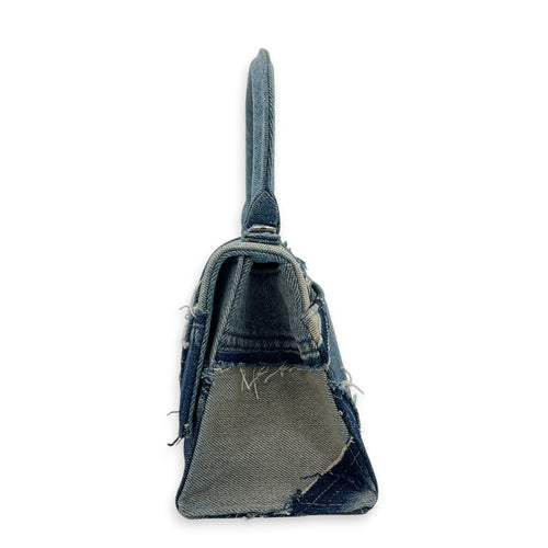 Hourglass Top Handle Bag Blue in Denim, Silver hardware