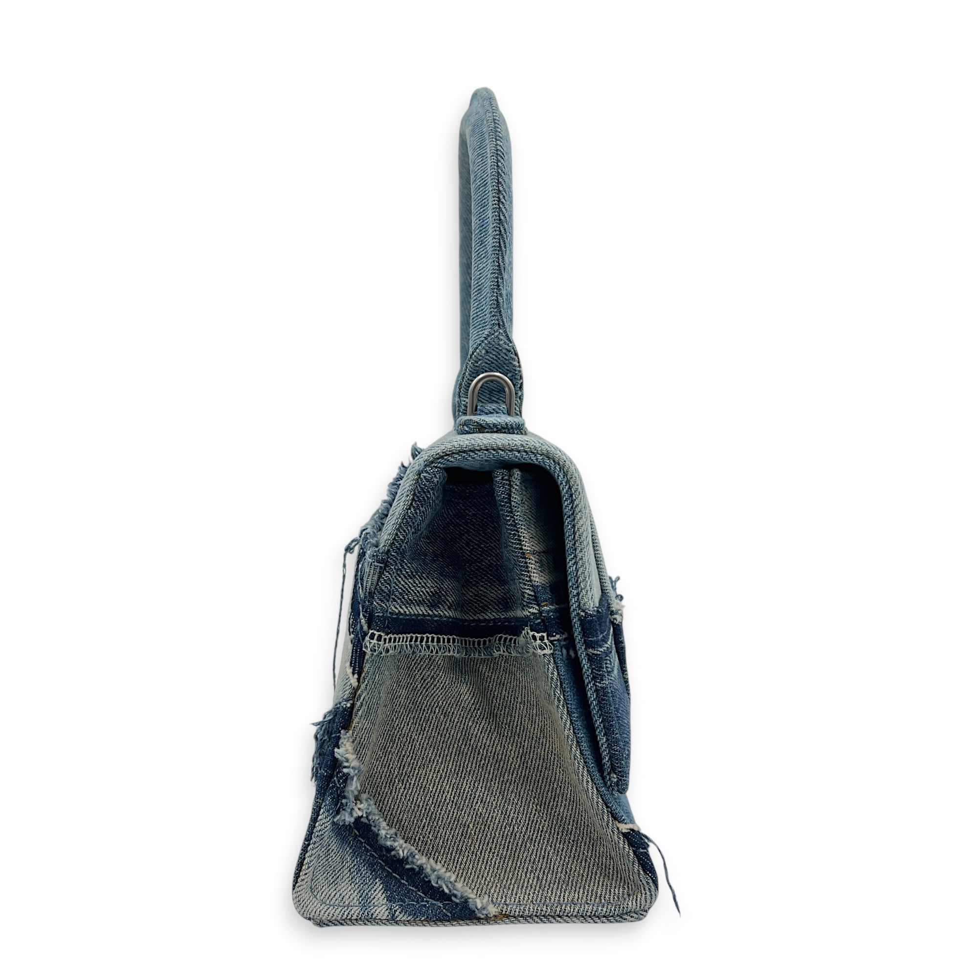 Hourglass Top Handle Bag Blue in Denim, Silver hardware