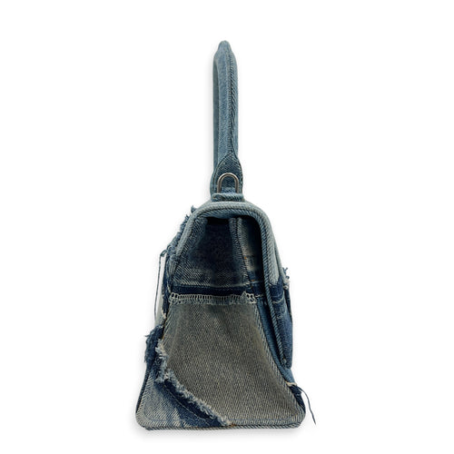 Hourglass Top Handle Bag Blue in Denim, Silver hardware