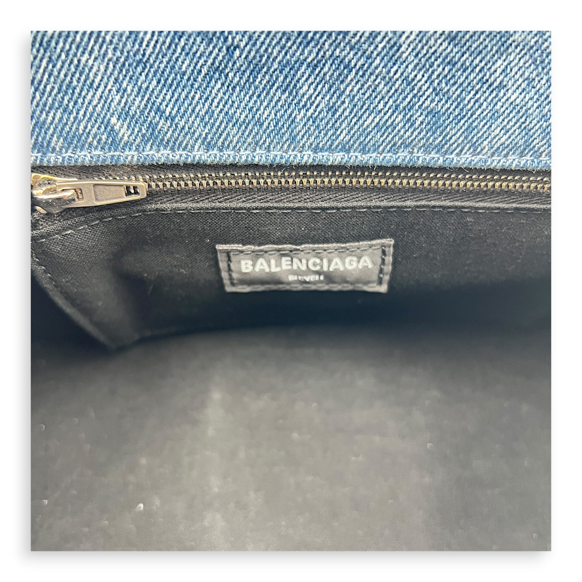 Hourglass Top Handle Bag Blue in Denim, Silver hardware