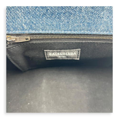 Hourglass Top Handle Bag Blue in Denim, Silver hardware