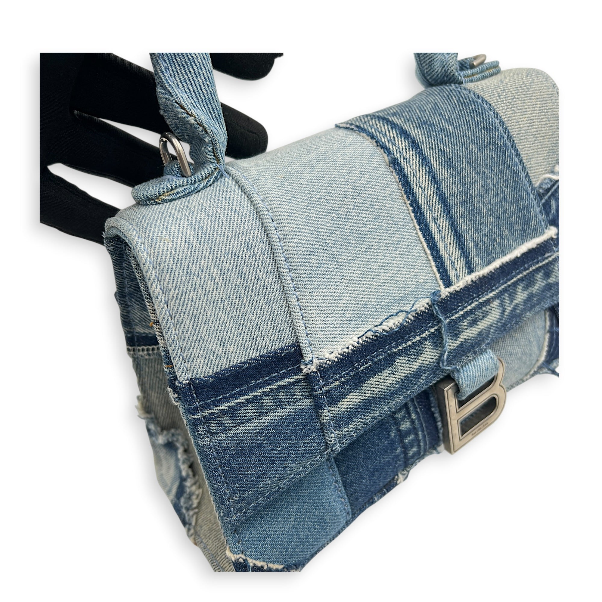 Hourglass Top Handle Bag Blue in Denim, Silver hardware