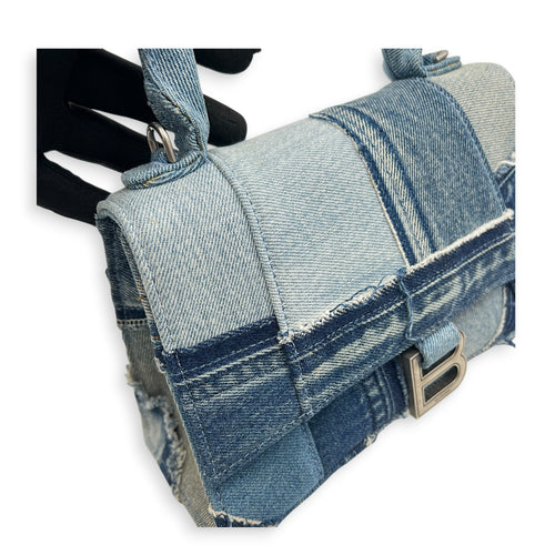 Hourglass Top Handle Bag Blue in Denim, Silver hardware