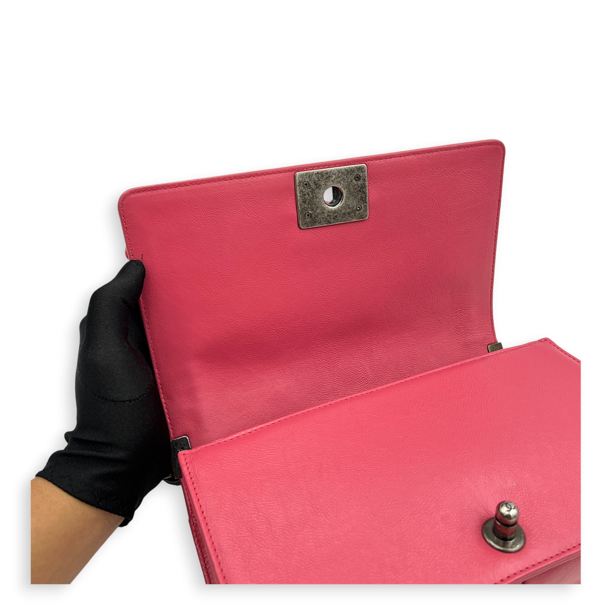 Boy Medium Pink Shoulder Bag in Calfskin, Ruthenium hardware