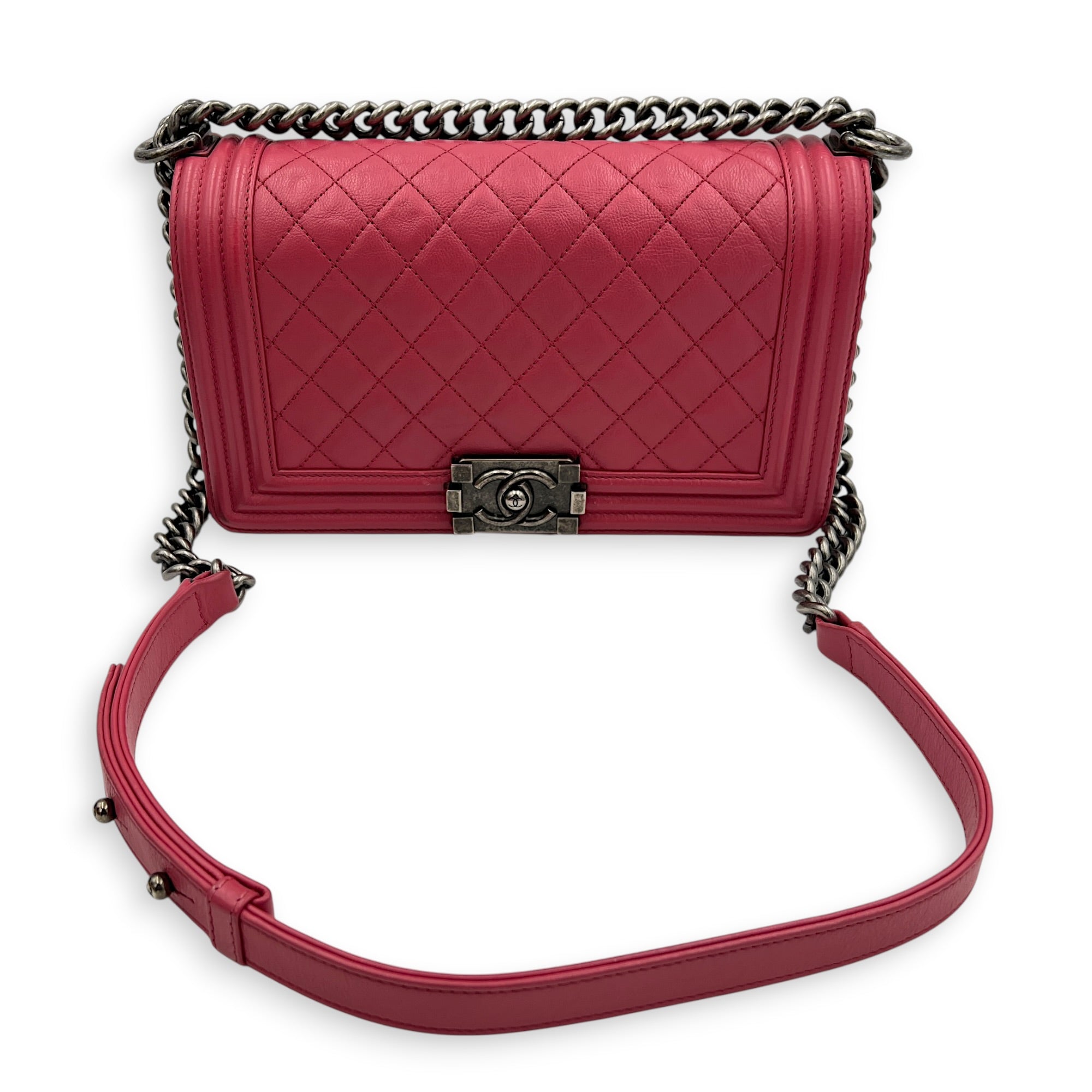 Boy Medium Pink Shoulder Bag in Calfskin, Ruthenium hardware
