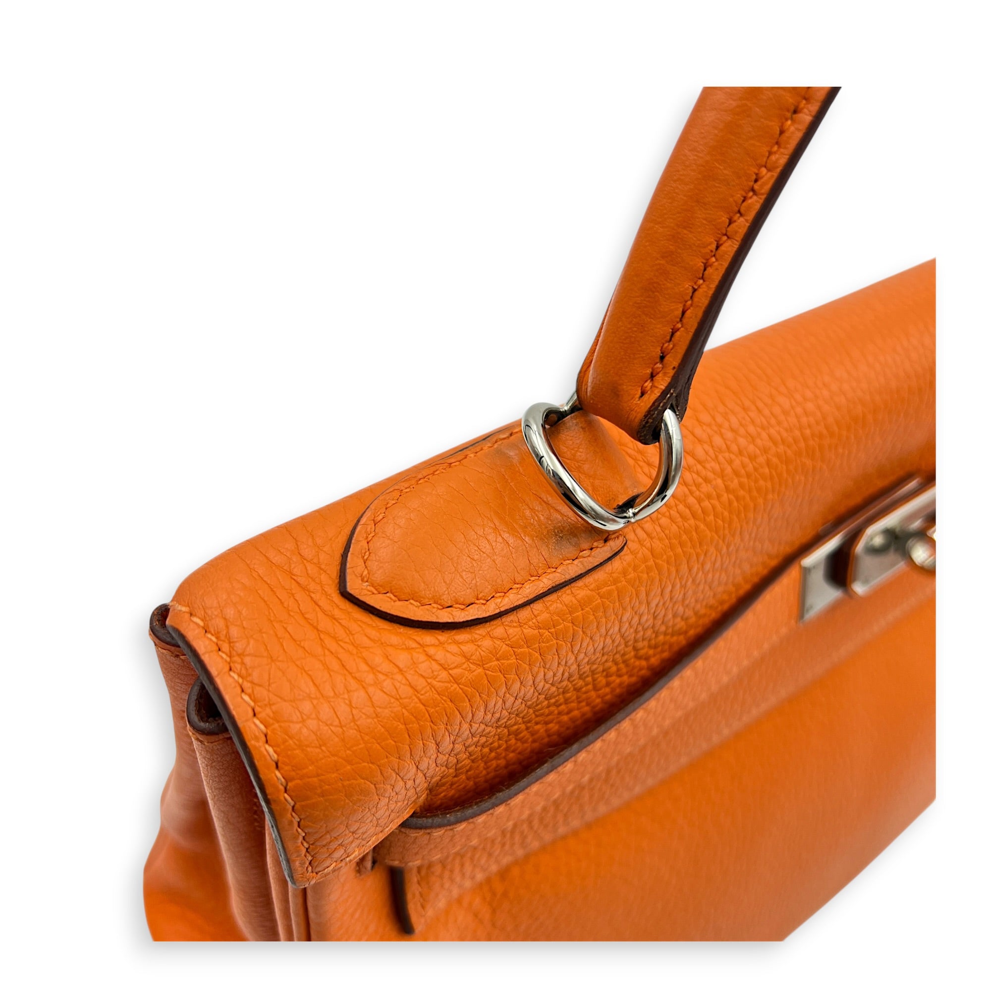 Kelly 32 Orange H Top Handle Bag in Clemence, Palladium hardware