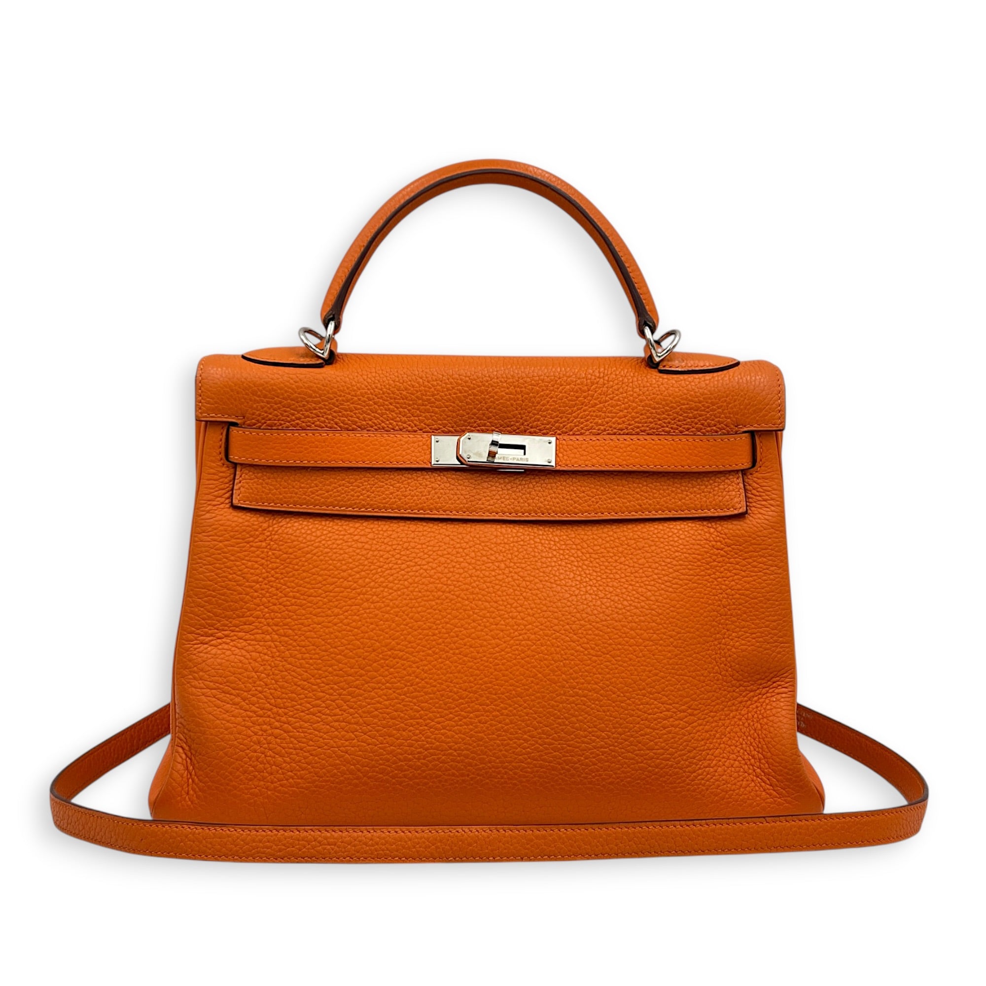 Kelly 32 Orange H Top Handle Bag in Clemence, Palladium hardware