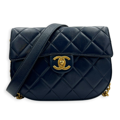CC Quilted Moon Crossbody Bag Blue in Calfskin, Gold hardware